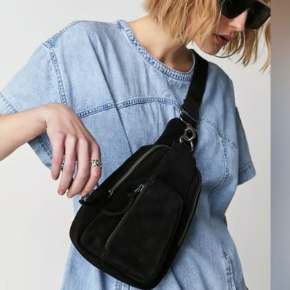 FREE PEOPLE Black Suede 'Hudson' Sling Crossbody Bag -- NWT